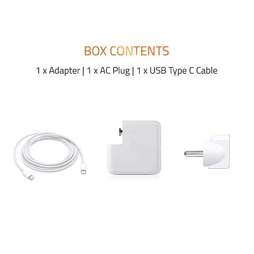 Power: 96W CONNECTOR TYPE: USB - C IN BOX: Power Adapter with Cable The 96W USB-C Power Adapter offers fast, efficient charging at home, in the office or on the go. It’s compatible with numerous USB-C devices and charging cables. Apple recommends pairing this power adapter with your 14-inch MacBook Pro (2021) using a USB-C to MagSafe 3 Cable or USB-C Charge Cable to take advantage of fast charging Watts USB Type C Laptop Adapter/Charger Compatible with MB Pro 13” (20.3V,3A) 2016 Onwards. Connector: USB Type-C (USB PD/QC 3.0) Apple 87W USB-C Power Adapter (for MacBook Pro) The 87W USB-C Power Adapter offers fast, efficient charging at home, in the office or on the go. It’s compatible with numerous USB-C devices and charging cables. Apple recommends pairing this power adapter with your 14-inch MacBook Pro (2021) using a USB-C to MagSafe 3 Cable or USB-C Charge Cable to take advantage of fast charging Recommends Mac Models • MacBook Air (M1, 2020) • MacBook Air (Retina, 13-inch, 2020) • MacBook Air (Retina, 13-inch, 2018 - 2019) • MacBook Pro (14-inch, 2021) • MacBook Pro (13-inch, M1, 2020) • MacBook Pro (13-inch, 2020) • MacBook Pro (13-inch, 2016 - 2019) • MacBook Pro (16-inch, 2019) • MacBook Pro (15-inch, 2016 - 2019) • MacBook (Retina, 12-inch, Early 2015 - 2017) Teqoneindia.com